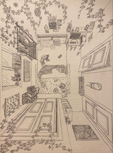 Drawing Rooms In Perspective, Art Inspo Perspective, Drawing Room Perspective, How To Draw A Room In Perspective, Cute Apartment Drawing, Room Perspective From Above Drawing, One Point Perspective Room Aesthetic, Interior Design Room Sketch, 1 Perspective Room