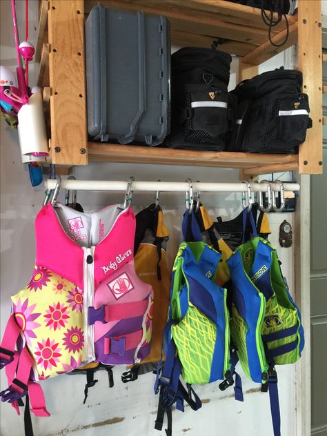 Life jacket storage and drying solution Life Jacket Storage Ideas On Boat, Life Jacket Drying Rack, Life Vest Storage, Life Jacket Storage Ideas, Life Jacket Rack, Life Jacket Storage, Jacket Storage, Kayak Storage Rack, Pool Shed