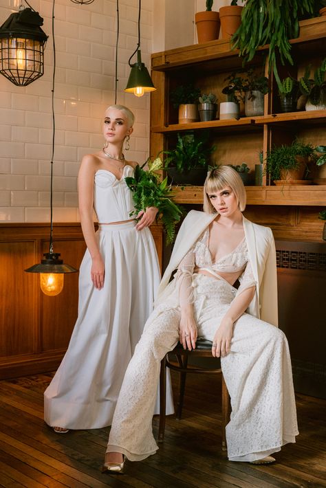 Androgyny: A Gender Neutral Bridal Shoot from Rock n Roll Bride · Rock n Roll Bride Adrogonus Wedding Outfit, Bride In Pants, Queer Weddings Outfit, Gender Neutral Bridesmaid Outfit, Unique Bride Outfits, Wedding Outfit Nonbinary, Queer Wedding Fashion, Masculine Bride Outfit, Feminine Wedding Suit