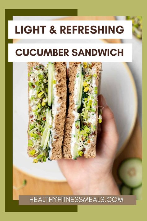 This Light & Refreshing Cucumber Sandwich is so flavorful! It’s easy to make with a delicious, herby cream cheese & ricotta spread, thinly sliced cucumbers, and alfalfa sprouts on whole wheat bread. Enjoy this sandwich recipe for picnics and lunches or make multiple sandwiches for luncheons or tea parties! This recipe is vegetarian and can easily be made gluten-free, depending on the bread you choose. Alfalfa Recipes, Wheat Bread Sandwich Ideas, Easy Cucumber Sandwiches Simple, Alfalfa Sandwich, Recipes With Alfalfa Sprouts, Cucumber Hummus Sandwiches, Alfalfa Sprouts Recipes, Cucumber Open Faced Sandwiches, Open Face Cucumber Tea Sandwiches