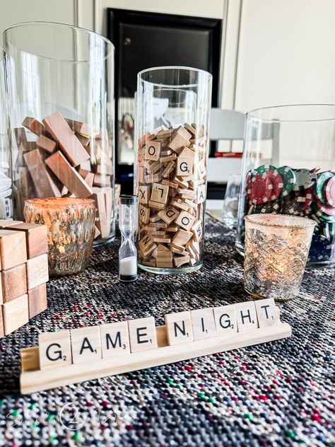 Card Game Party Decorations, Puzzle Night Ideas, Game Night Event, 30th Birthday Game Night, Game Night Date Aesthetic, Game Night Party Decor, Game Night Hosting Ideas, Board Game Bridal Shower Theme, Womens Theme Party Ideas