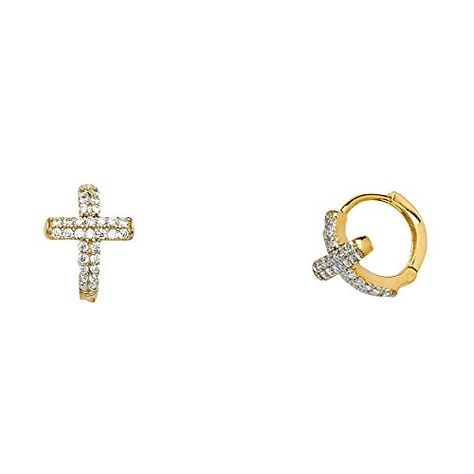 14k Yellow Gold CZ Cross Huggie Hoop Earrings -- Read more reviews of the product by visiting the link on the image. Gold Cross Pendant, Classic Earrings, Classic Gold, Gold Cross, Huggie Hoop Earrings, Gold Charm, Huggies Earrings, Jewellery Display, Gold Studs