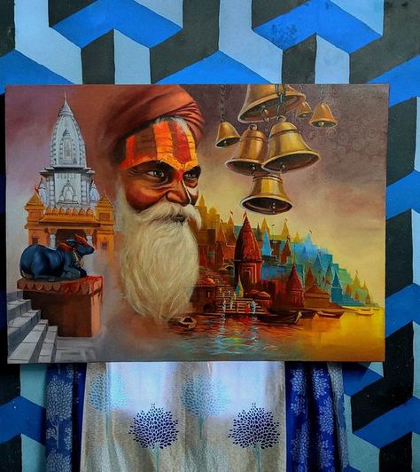 Kashi Painting, Gods Painting, Acrylic Composition Painting, Creative Composition, Creative Composition Painting, Krishna Mahabharat Painting, Indian Art Gallery Paintings, Indian Culture Painting, Painting Exhibition