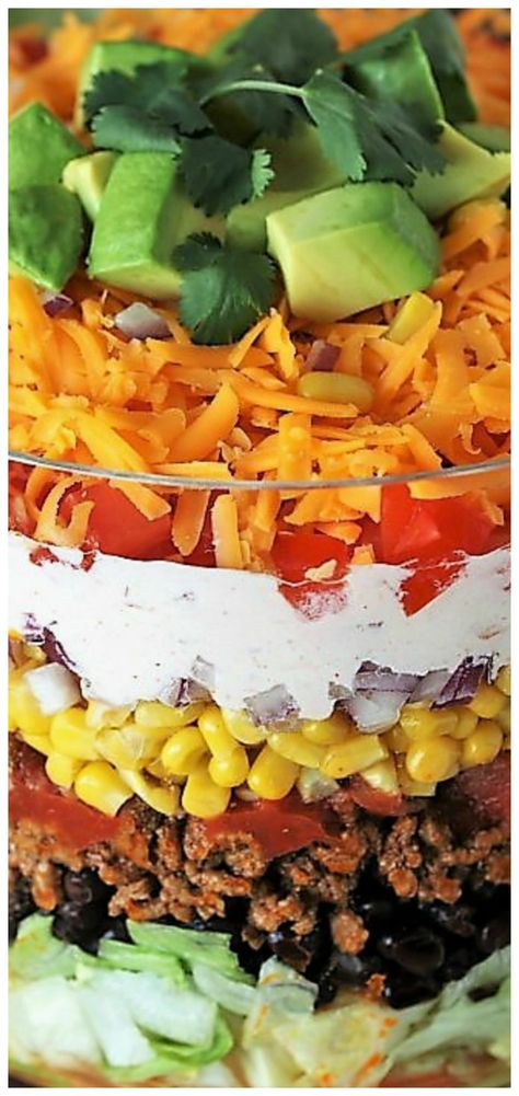 Layered Taco Salad ~ For a crowd or family taco night. Layered Taco Salad In A Cake Pan, Taco Salad For A Crowd, Taco Salad For A Large Crowd, 7 Layer Taco Salad Recipe, Taco Salad Bar, Layered Taco Salads, Mexican Salads, Salad Recipes Healthy Easy, Salads For A Crowd