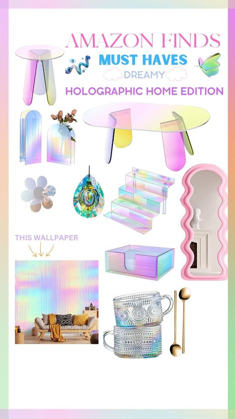 Iridescent Bedroom Ideas, Pastel Esthetician Room, Iridescent Bathroom Ideas, Iridescent Living Room, Holographic Home Decor, Holographic Room Aesthetic, Iridescent Kitchen Decor, Iridescent Office Decor, Holographic Room Decor