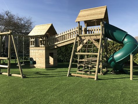 Split Level Double Tower Wooden Climbing Frame with Tube Slide Kids Garden Play Area, Garden Climbing Frames, Kids Climbing Frame, Wooden Climbing Frame, Outdoor Play Space, Climbing Frames, Play Area Backyard, Backyard Kids Play Area, House Slide