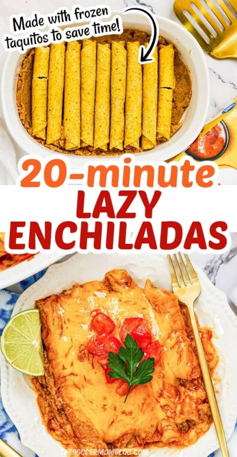 As seen on TikTok: these lazy enchiladas come together in 20 minutes with only 4 ingredients! An easy one-pan meal layered with flavorful taquitos, enchilada sauce, beans and cheese. Lazy Enchiladas, Migas Recipe, Enchiladas Recipes, Easy Enchilada Recipe, Beans And Cheese, Taquitos Recipe, Easy Enchiladas, Homemade Enchiladas, Hot Dish