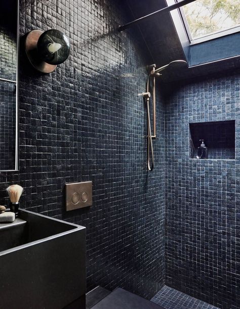 Wabi Sabi House, Loft Extension, Tiled Bathroom, Leadlight Windows, Blue Mosaic Tile, Mosaic Bathroom, Attic Bathroom, Brick Home, Blue Mosaic