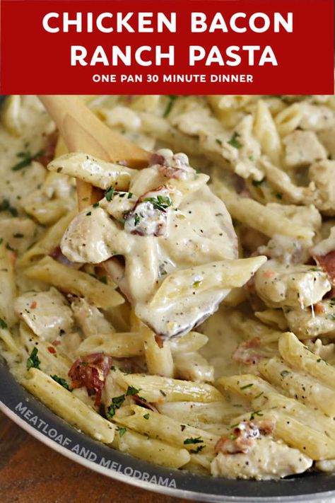 Ranch Dressing Healthy, Cubed Chicken Recipes, One Pan Dinner Recipes, Cubed Chicken, Bacon Ranch Pasta, Chicken Bacon Pasta, Chicken Ranch Pasta, Chicken Bacon Ranch Pasta, Creamy Ranch Dressing