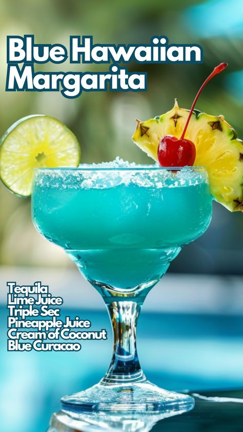 Blue Hawaiian Margarita Blue Hawaiian Margarita, Drinks With Blue Curacao, Hawaiian Margarita, Blue Hawaiian Drink, Margarita Flavors, Pineapple Cocktails, Coconut Cocktails, Poolside Cocktails, Cocktail Cards