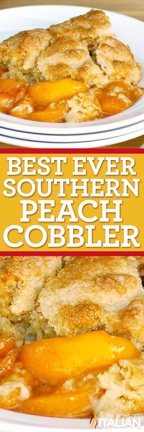 Best Ever Southern Peach Cobbler is the simple recipe of your dreams.  Fresh sweet peaches baked in a spiced sugar mixture and topped with the most amazing cobbler topping.  Sprinkled with sugar for a caramelized topping it is heaven on a plate. Old Time Oven Peach Cobbler, Peaches Baked, Southern Peach Cobbler, Southern Town, Strawberry Cobbler, Dessert Oreo, Cobbler Topping, Peach Desserts, Cobbler Recipe