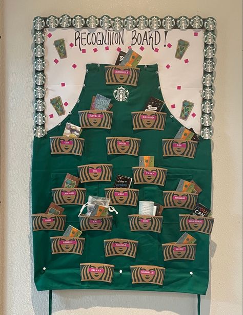 Recognition Board, Starbucks Art, Green Apron, Board Ideas, Apron, Science, Green, Art