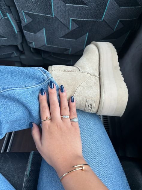 Blue nails, navy nails, fall nail inspo North Carolina Nails, Cute Navy Blue Nails, Blue Almond Shaped Nails, Nails Inspo Fall, Navy Blue Nail Polish, Almond Shaped Nails, Fall Nail Inspo, Hoco Nails, Navy Nails