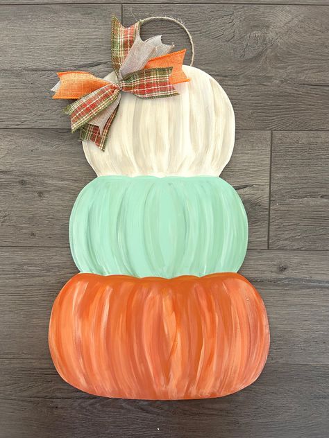 Large Pumpkins, Pumpkin Door Hanger, Pumpkin Door, Fall Door Hangers, Stacked Pumpkins, Green Pumpkin, Quality Cabinets, Pumpkin Decor, Fall Door