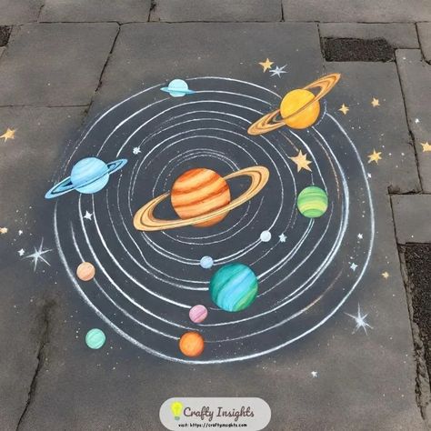 Space Chalk Art, Street Chalk Art Ideas, Chalk Art Easy Ideas, Chalk Sidewalk Art, Cool Sidewalk Chalk Art, Chalk Ideas Easy, Cute Chalk Art, Campus Beautification, Easy Sidewalk Chalk Art