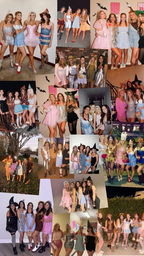 A collage of girl groups dressed in themed Halloween costumes, featuring The Wizard of Oz characters like Dorothy, Glinda, and the Scarecrow, as well as other fun and creative group costume ideas. Gang Costumes, Group Halloween Costume Ideas, Girl Group Costumes, Classy Halloween Costumes, Fairy Tale Characters, Group Costumes, The Wizard Of Oz, Group Halloween Costumes, Halloween Costume Ideas