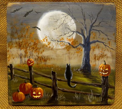 Halloween Folk Art Vintage Style, Halloween Background Printable, Halloween Scenes To Paint, Halloween Scene Painting, Vintage Halloween Paintings, Halloween Painting On Old Pictures, Halloween Oil Painting, Halloween Art Drawing Illustrations, Halloween House Painting