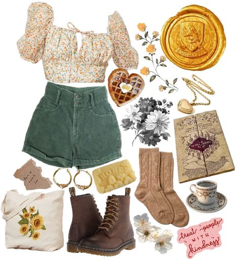 Sunny Aesthetic Clothes, Flowery Outfits Aesthetic, Casual Hufflepuff Outfit, Ms Honey Aesthetic Outfits, Sunflower Outfit Ideas, Hufflepuff Outfits Aesthetic, Sunflower Inspired Outfit, Sunflower Aesthetic Outfit, Sunshine Outfit Aesthetic