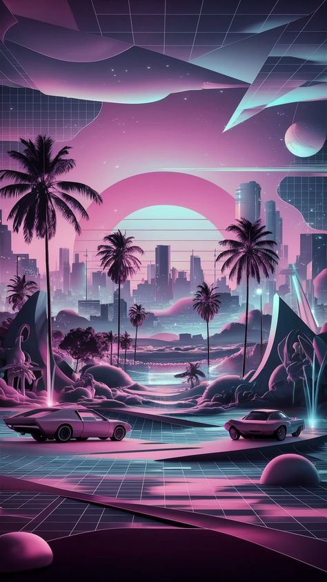 Immerse yourself in a surreal vaporwave wallpaper that fuses retro-futurism and 80s nostalgia. Featuring a pastel-hued skyline, geometric shapes, and shimmering neon lights, this dreamy landscape evokes tranquility. Tropical palm trees sway against a stunning pink-purple sunset, complemented by classic cars and abstract sculptures. Experience a mesmerizing digital dreamscape infused with synthwave aesthetics. #Vaporwave #RetroFuturism #80sNostalgia #DigitalArt Vaporwave Scenery, Liminal Vaporwave, Vaporwave Desert, Beach Vaporwave, Vaporwave Palm Trees, Vaporwave Wallpaper, Purple Sunset, 80s Nostalgia, Dreamy Landscapes