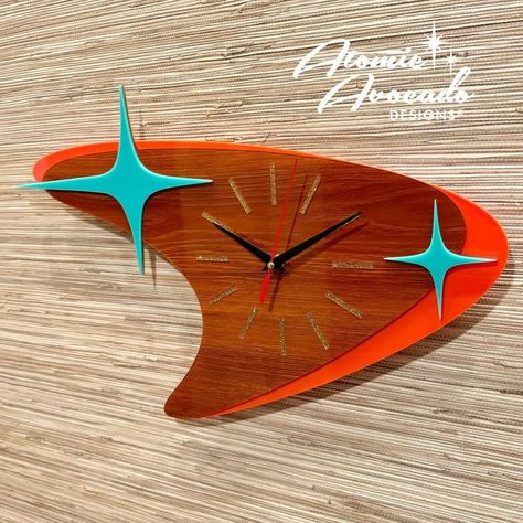 3D Mid Century Modern atomic Boomerang Wall Clock Handcrafted Retro Decor Space-age Clock Silent Sweep Atomic Avocado Designs® - Etsy Mid Century Modern Atomic Art, Retro Household Items, Jetsons Aesthetic Furniture, Cool Clock Designs, Retrofuturism Decor, Atomic Age Aesthetic, Atomic Age Furniture, Mid Century Modern Clock, Mid Century Modern Clocks