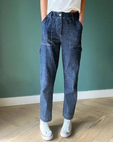 Trend watch 👀 CARPENTER TROUSERS 🔨⁠ ⁠ We are seeing several utility-style trouser patterns emerging with carpenter-inspired details, and we are here for it. This pattern was one of our most popular downloads last month and is designed with comfort in mind.⁠ ⁠ @frenchnavynow_ is proving that jeans can be comfy, very comfy indeed. The Langston Trousers feature vintage-inspired carpenter details that give them a utilitarian aesthetic. Leave the pockets and details off for a minimalist look.⁠ ⁠ G... Trousers Sewing Pattern, Bridal Shirts, Dungaree Dress, The Fold Line, Fusible Interfacing, Film Inspiration, French Navy, Pattern Brands, Long Sleeve Knit Dress