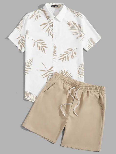 SHEIN Manfinity RSRT Homens Conjunto de Camisa Impressão Tropical & Bermudas Cintura com cordão | SHEIN Brasil Guys Two Piece Outfits, Summer Beach Outfit Men, Mens Resort Wear Outfits, Beach Outfit Men, Tropical Print Shirt, Khaki Style, Fabric Pants, Clothing For Summer, Loose Clothing