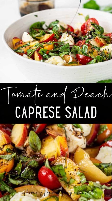 Super summery and fresh, this cherry tomato and peach Caprese salad is vibrant, healthy, and full of flavour. This peach Caprese salad is perfect for peach season. It utilizes fresh peaches, savoury basil leaves, soft mozzarella and juicy tomatoes, all combined with a tangy dressing. It’s also made super quickly! Basically, everything you want in your new favourite summer salad. Peach Caprese Salad, Peach Caprese, Peach Basil, Juicy Tomatoes, Home Grown, Cherry Tomato, Summer Salad, Basil Leaves, Caprese Salad