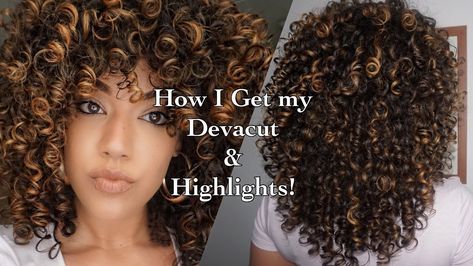 How I get my Devacut & Pintura/ Balayage Highlights on Curly Hair using Olaplex [Video] - https://blackhairinformation.com/video-gallery/get-devacut-pintura-balayage-highlights-curly-hair-using-olaplex-video/ Devacut Natural Hair Shape, Copper Balayage Curly Hair, Curl Highlights, Curly Balayage, Hair Highlights Curly, Balayage Hair Brunette Long, Curly Products, Balayage Hair Bob, Balayage Hair Blonde Short