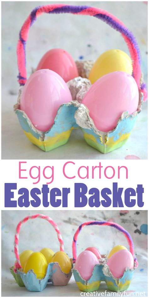 This simple Egg Carton Easter Basket craft for kids makes a fun and pretty little container to hold your plastic eggs or dyed Easter Eggs. Eggs Container, Egg Carton Easter, Easter Basket Craft, Diy Easter Eggs, Easter Basket Crafts, Easter Crafts Preschool, Basket Kids, Easter Craft Projects, Fun Easter Crafts