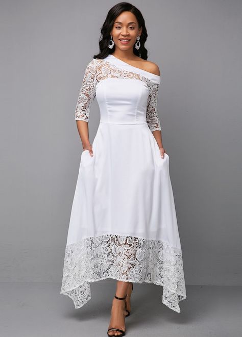 cd0dce8fca267bf1fb86cf43e18d5598desc48540083ri Elegant White Dresses, Elegant Spring Dresses, White Lace Party Dress, White Dress Styles, Women's A Line Dresses, Three Quarter Sleeve Dresses, Maxi Dress White, Dresses Club, Long White Dress