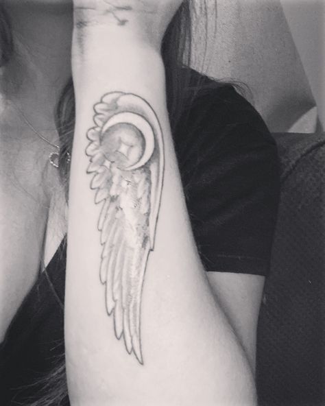 Angel On The Moon Tattoo, Moon Angel Tattoo, Moon Tattoo Black, White Ink Angel Wing Tattoo, Tattoo Ideas Wings, Gothic Angel Wings Tattoo, Music Note Angel Wing Tattoo, Moon Angel, Tattoo Black And White