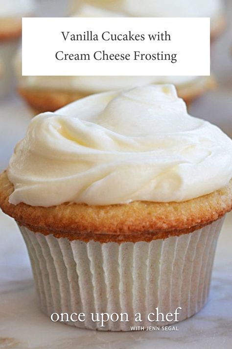 Vanilla Buttermilk Cupcakes with Cream Cheese Frosting - This is my go-to when I need to whip up a quick batch of birthday cupcakes. The buttermilk adds a subtle, pleasant tang and also keeps the cupcakes very moist. #cakes #buttermilk #sweettooth #dessertrecipes #dessertlover #testedandperfected Vanilla Cupcakes Cream Cheese Frosting, Vanilla Cupcakes With Cream Cheese Frosting, Vanilla Cupcakes With Cream Cheese Icing, Cupcake With Cream Cheese Frosting, Buttermilk Cupcakes, Poke Cake Lemon, Cream Cheese Cupcakes, Cupcake Cream, Once Upon A Chef