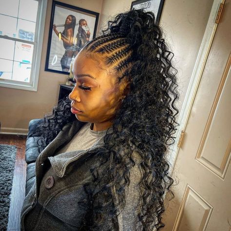 Feed In Braids With Curly Ponytail, Crochet Braids Ponytail Hairstyles, Stitch Braid Half Up Half Down, Feed In Ponytail With Curly Hair, Half Up Half Down Hair Black Women Braid, Half Cornrows Half Curly Weave, 4a Hairstyles, Royal Hairstyles, Stitch Braid