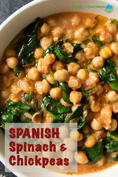 Nutty and deliciously filling --- that’s what you’ll get in every spoonful of Spanish Spinach and Chickpeas (Espinacas con Garbanzos). A great addition to any meatless weeknight dinner! Garbanzo Bean And Spinach Recipes, Spinach And Chickpeas Recipes, Spinach And Chickpea Recipes, Spinach And Garbanzo Beans Recipe, Chickpea Spinach Soup, Bean And Spinach Recipes, Garbanzo Bean Recipes Dinner, Garbanzo Recipes, Spanish Meals