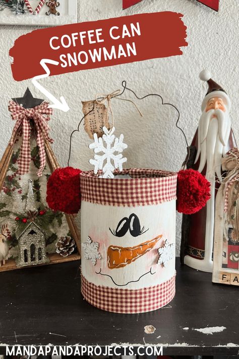 Save those empty coffee cans, because once you see this DIY Coffee Can Snowman you’ll want to craft a whole bunch of them! This easy, cute, and budget friendly recycled craft can be kept up past Christmas and right through winter! Are you Feeling Frosty?! Christmas Crafts With Coffee Cans, Milk Bottle Crafts Christmas, Coffee Can Diy Projects Christmas, Coffee Mug Decorating Diy, Tin Can Christmas Decor, Christmas Cans Crafts, Coffee Tin Crafts, Recycled Tin Can Crafts, Diy Coffee Can Crafts