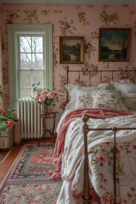 15 Decor Tips for Vintage Farmhouse Bedroom | Green Snooze Vintage Rugs For Bedroom, Dusty Rose Bedroom Ideas Vintage, Pink Grandmacore Bedroom, Vintage Garden Bedroom, Bedroom Decor Green And Pink, Cozy Small Bedrooms Ideas, Granny Core Aesthetic Bedroom, Cozy Wallpaper Bedroom, Vintage Romantic Decor