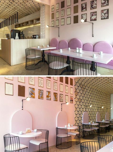 Modern Patisserie, Bar Deco, Pink Bench, Bakery Shop Design, Bakery Design Interior, Service Area, Cafe Seating, Coffee Shop Interior Design, Bakery Decor