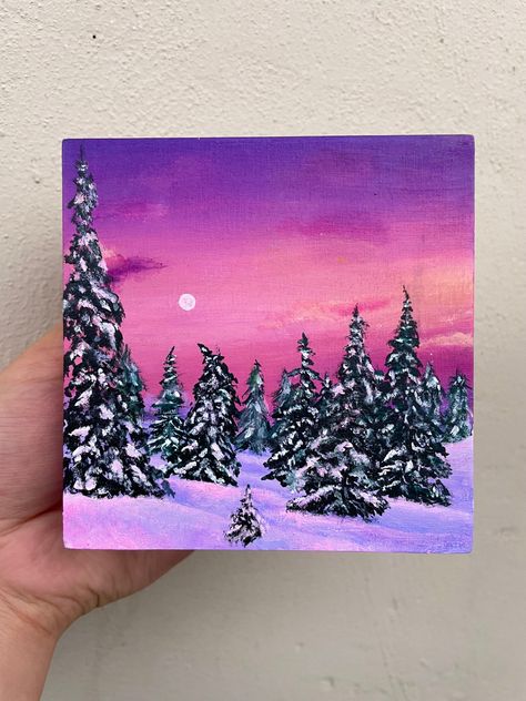 Small Canvas Winter Paintings, Woods Painting Canvas, Small Canvas Paintings Christmas, Small Winter Paintings, Snowy Paintings Easy, Cute Winter Paintings, Winter Acrylic Paintings Easy, Painting Ideas On Canvas Winter, Winter Painting Ideas On Canvas