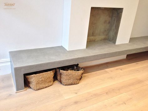 Fireplace Bench, Black Mantle, Log Burner Living Room, Fireplace Seating, Concrete Bench, Fireplace Built Ins, Concrete Fireplace, Freestanding Fireplace, Built In Seating