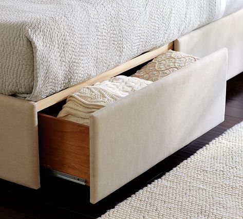 Upholstered Storage Platform Bed with Side Drawers | Pottery Barn Platform Bed Full, Platform Bed King, Bed With Drawers Underneath, Best Storage Beds, California King Bed Frame, Upholstered Bed With Storage, Bed Designs With Storage, Low Platform Bed, Bed With Footboard