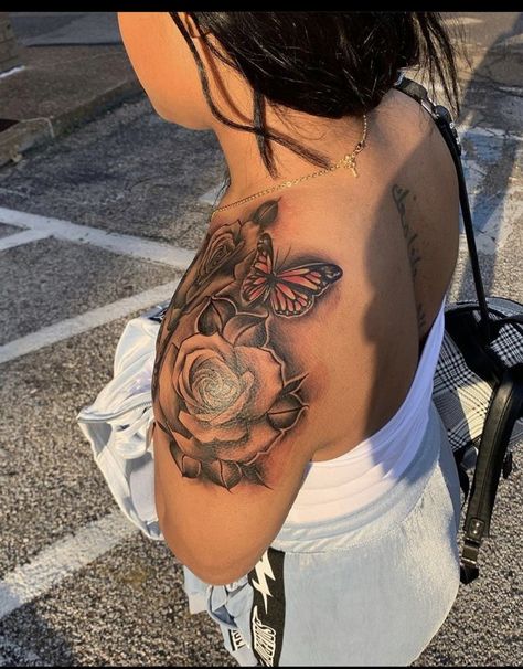 Back Shoulder Tattoos For Black Women, Shoulder Tattoos For Dark Skin Women, Rose Tattoo On Black Women, Tattoed Women Arm, Tattoo Ideas Female Shoulder Black Women, Flower Shoulder Tattoo Black Women, Upper Sleeve Tattoo Women Black, Black Women Shoulder Tattoo, Arm Tattoo Baddie