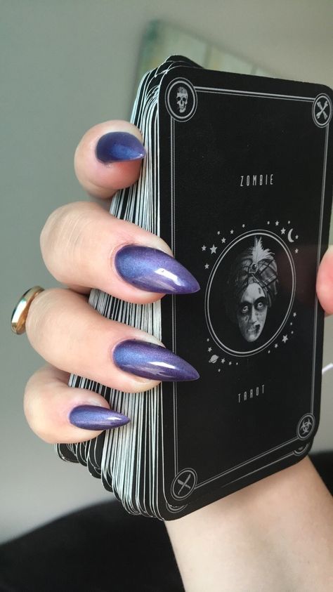 Amethyst Purple Nails, Gray Purple Nails Ideas, Edgy Purple Nails, Lavender Black Nails, Purple Amethyst Nails, Witch Nails Purple, Witchy Purple Nails, Purple Space Nails, Amythest Nails