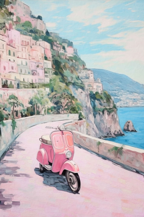 A vintage painting of a pastel pink vespa on the roads beneath the hills of Positano, Italy. Pink Vespa, Vespa Vintage Italy, Beachy Art, Italian Coast, Italy Poster, Italy Painting, Positano Italy, Vespa Vintage, Pink Painting