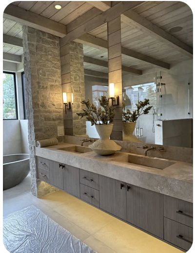 Stone Wall Behind Bathroom Vanity, Modern Lodge Bathroom Ideas, Mountain Modern Bathroom Vanity, Master Bath Vanity With Window, Mountain Home Powder Room, Modern Mountain Master Bath, Asian Spa Bathroom, Mountain Modern Home Interiors Bathroom, Mountain Modern Bedroom Master Suite