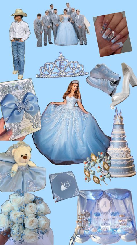 Light Blue Sweet 16 Theme, Quinceanera Themes Cinderella, Cinderella Quinceanera Themes Sweet 15 Birthday Party Ideas, Quince Blue Theme, Sky Blue Quinceanera Theme, Blue Xv Dresses, Cinderella Themed Sweet 16, Periwinkle Quince, Light Blue Chambelanes Outfits