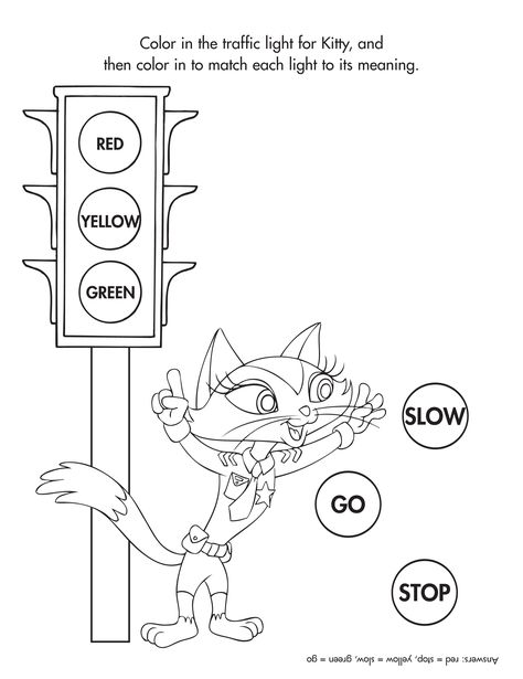 Help Ranger Kitty determine the correct traffic lights.  #coloring #freeprintable #kidactivity Traffic Signal Worksheet For Kids, Traffic Light Coloring Page, Garret Morgan Activities For Kids, Traffic Light Worksheet, Traffic Signs For Kids Activities, Ladybird Activities, Garret Morgan, Light Coloring Page, Garrett Morgan