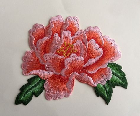 Large Pink Orange Colour Peony Flower Sew On Embroidered Patch Appliqués Badge | eBay Peony Embroidery, Design Pattern Art, Hand Embroidery Projects, Orange Colour, Sew On Patch, Favourite Colour, Embroidery Ideas, Peony Flower, Sew On Patches