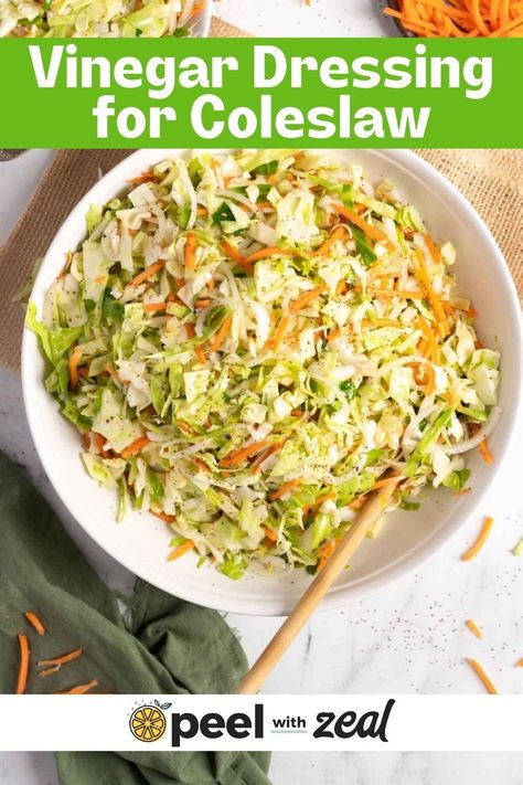 If you enjoy classic coleslaw, then this dressing is for you. This vinegar-based coleslaw dressing is mayo-free and combines vinegar and sugar for the ideal sweet and tangy side dish.