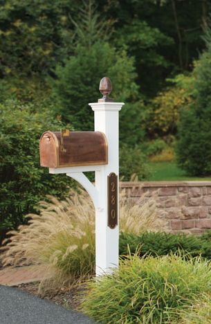 mailbox post with copper mailbox and accents Copper Mailbox, Home Mailboxes, Beautiful Mailbox, Exterior Farmhouse, Mailbox Garden, Mailbox Makeover, Mailbox Landscaping, Brick Homes, Diy Mailbox