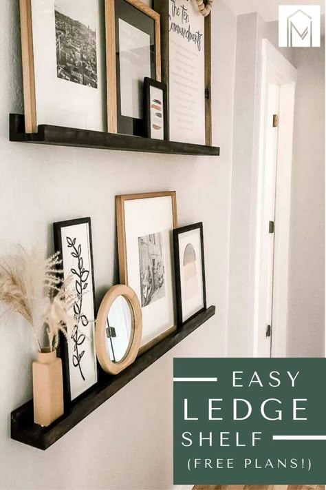 Black Picture Ledge Ideas, Photo Ledge Display, Shelf Decor Black, Diy Picture Ledge, Home Decor Diy Ideas, Ledge Shelves, Decor Diy Ideas, Ledge Shelf, Picture Shelves